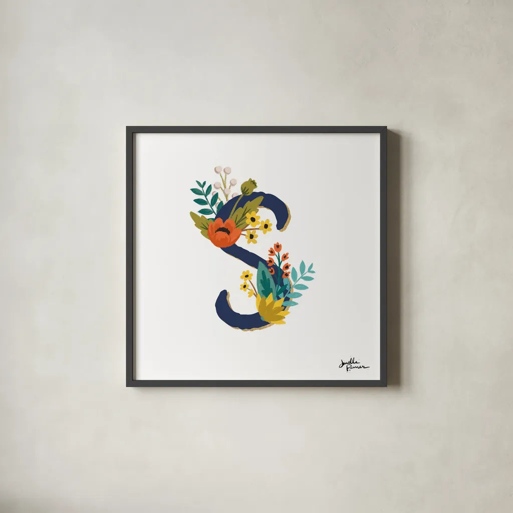 Romantic Luxe Monogram S Navy by Janelle Penner. Shown in a sleek black glass frame for a contemporary gallery look. Available as an archival giclee rolled canvas, fine art paper, or poster print. SKU 38279a.