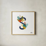 Romantic Luxe Monogram S Navy by Janelle Penner. Shown in a natural wood glass frame for a timeless modern aesthetic. Available as an archival giclee rolled canvas, fine art paper, or poster print. SKU 38279a.