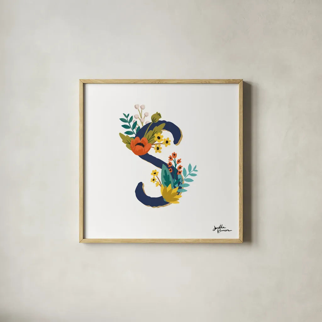 Romantic Luxe Monogram S Navy by Janelle Penner. Shown in a natural wood glass frame for a timeless modern aesthetic. Available as an archival giclee rolled canvas, fine art paper, or poster print. SKU 38279a.