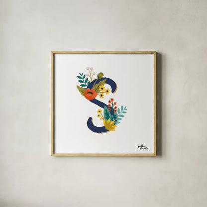 Romantic Luxe Monogram S Navy by Janelle Penner. Shown in a natural wood glass frame for a timeless modern aesthetic. Available as an archival giclee rolled canvas, fine art paper, or poster print. SKU 38279a.