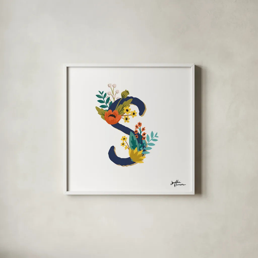 Romantic Luxe Monogram S Navy by Janelle Penner. Shown in a crisp white glass frame for a clean and minimalist style. Available as an archival giclee rolled canvas, fine art paper, or poster print. SKU 38279a.