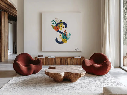 Romantic Luxe Monogram S Navy by Janelle Penner. Shown as extra-large giant wall art in a modern living room. Available as an archival giclee rolled canvas, fine art paper, or poster print. SKU 38279a.