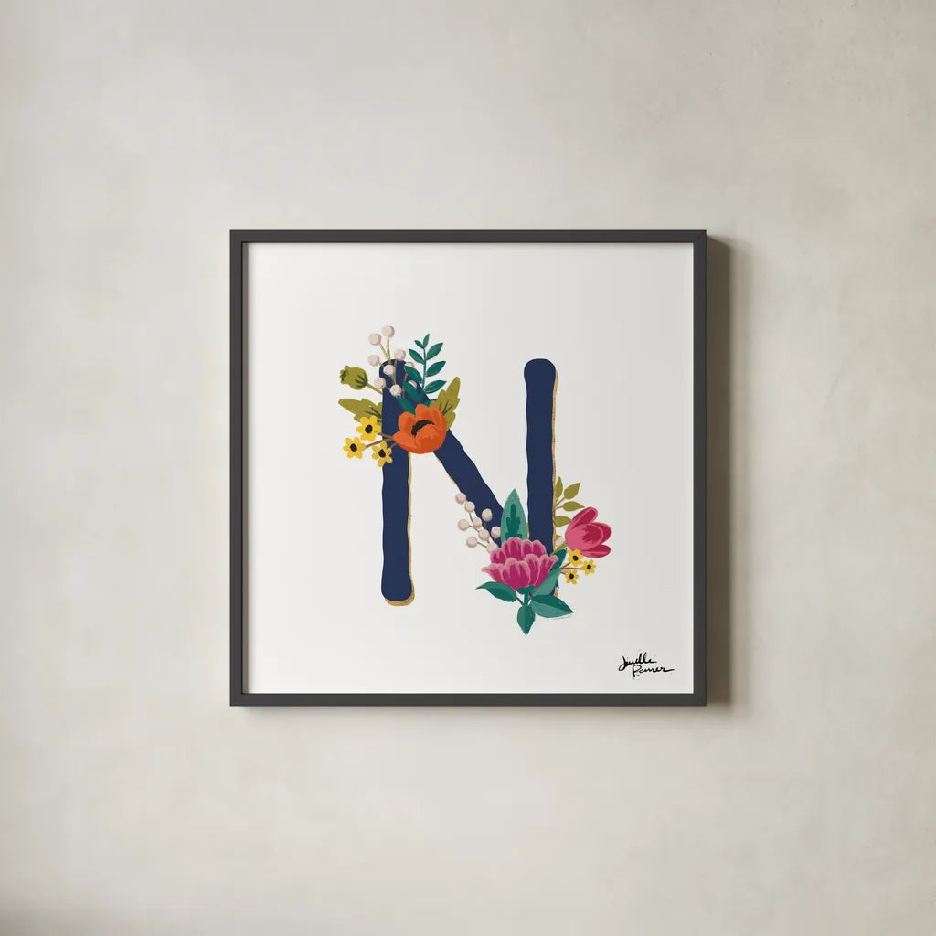 Romantic Luxe N Navy by Janelle Penner. Shown in a sleek black glass frame for a contemporary gallery look. Available as an archival giclee rolled canvas, fine art paper, or poster print. SKU 74238a.