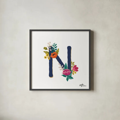 Romantic Luxe N Navy by Janelle Penner. Shown in a sleek black glass frame for a contemporary gallery look. Available as an archival giclee rolled canvas, fine art paper, or poster print. SKU 74238a.