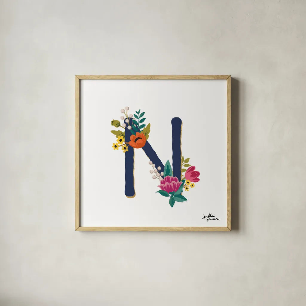 Romantic Luxe N Navy by Janelle Penner. Shown in a natural wood glass frame for a timeless modern aesthetic. Available as an archival giclee rolled canvas, fine art paper, or poster print. SKU 74238a.