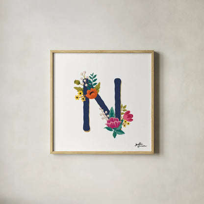 Romantic Luxe N Navy by Janelle Penner. Shown in a natural wood glass frame for a timeless modern aesthetic. Available as an archival giclee rolled canvas, fine art paper, or poster print. SKU 74238a.