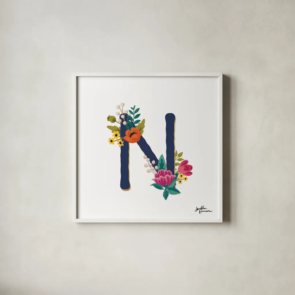 Romantic Luxe N Navy by Janelle Penner. Shown in a crisp white glass frame for a clean and minimalist style. Available as an archival giclee rolled canvas, fine art paper, or poster print. SKU 74238a.