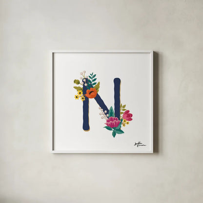 Romantic Luxe N Navy by Janelle Penner. Shown in a crisp white glass frame for a clean and minimalist style. Available as an archival giclee rolled canvas, fine art paper, or poster print. SKU 74238a.