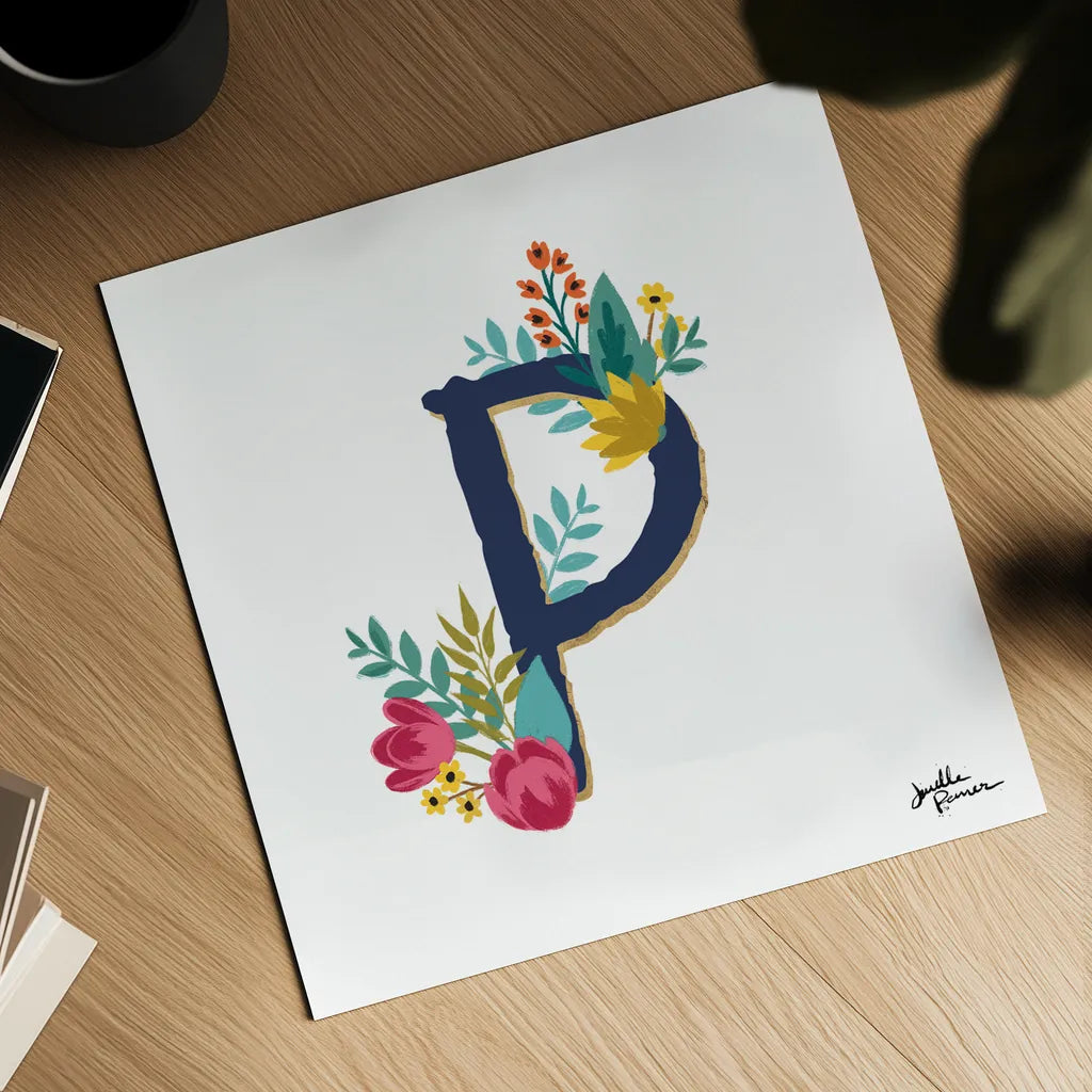 Romantic Luxe P Navy by Janelle Penner. Shown as a detailed flat fine art print, highlighting archival giclee quality. Available as an archival giclee rolled canvas, fine art paper, or poster print. SKU 74239a.