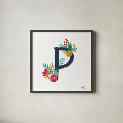 Romantic Luxe P Navy by Janelle Penner. Shown in a sleek black glass frame for a contemporary gallery look. Available as an archival giclee rolled canvas, fine art paper, or poster print. SKU 74239a.