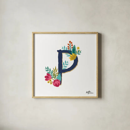 Romantic Luxe P Navy by Janelle Penner. Shown in a natural wood glass frame for a timeless modern aesthetic. Available as an archival giclee rolled canvas, fine art paper, or poster print. SKU 74239a.