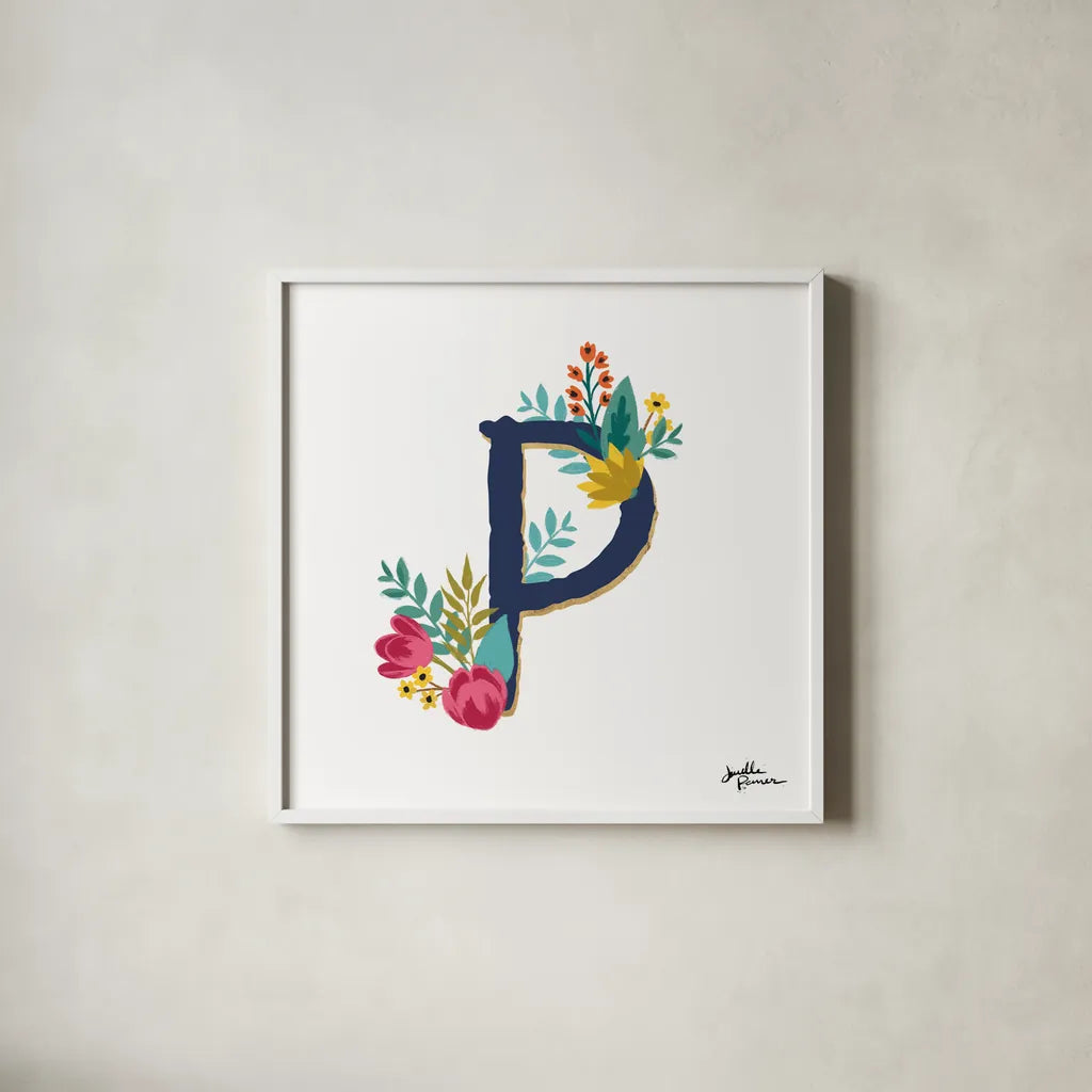 Romantic Luxe P Navy by Janelle Penner. Shown in a crisp white glass frame for a clean and minimalist style. Available as an archival giclee rolled canvas, fine art paper, or poster print. SKU 74239a.