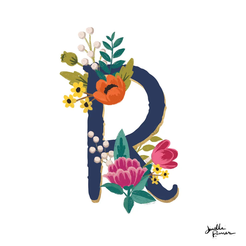 Romantic Luxe R Navy by Janelle Penner. SKU 74240a. Archival Giclee Fine art print for wall decor.