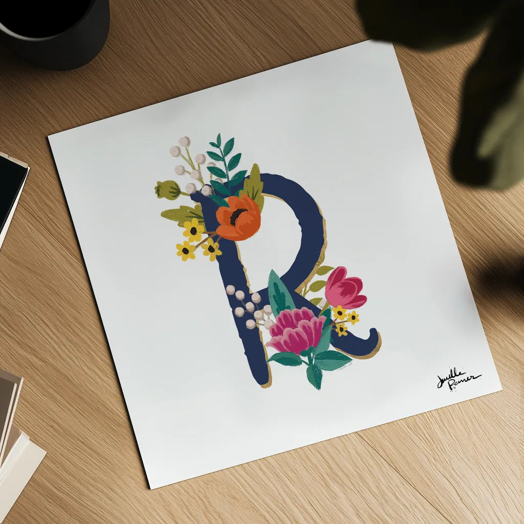 Romantic Luxe R Navy by Janelle Penner. Shown as a detailed flat fine art print, highlighting archival giclee quality. Available as an archival giclee rolled canvas, fine art paper, or poster print. SKU 74240a.