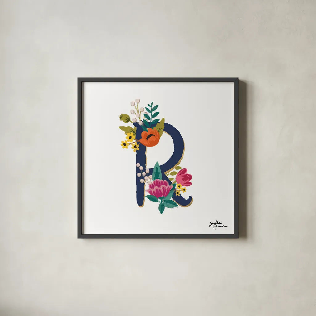 Romantic Luxe R Navy by Janelle Penner. Shown in a sleek black glass frame for a contemporary gallery look. Available as an archival giclee rolled canvas, fine art paper, or poster print. SKU 74240a.