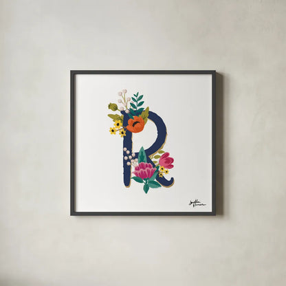 Romantic Luxe R Navy by Janelle Penner. Shown in a sleek black glass frame for a contemporary gallery look. Available as an archival giclee rolled canvas, fine art paper, or poster print. SKU 74240a.