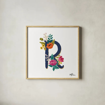 Romantic Luxe R Navy by Janelle Penner. Shown in a natural wood glass frame for a timeless modern aesthetic. Available as an archival giclee rolled canvas, fine art paper, or poster print. SKU 74240a.