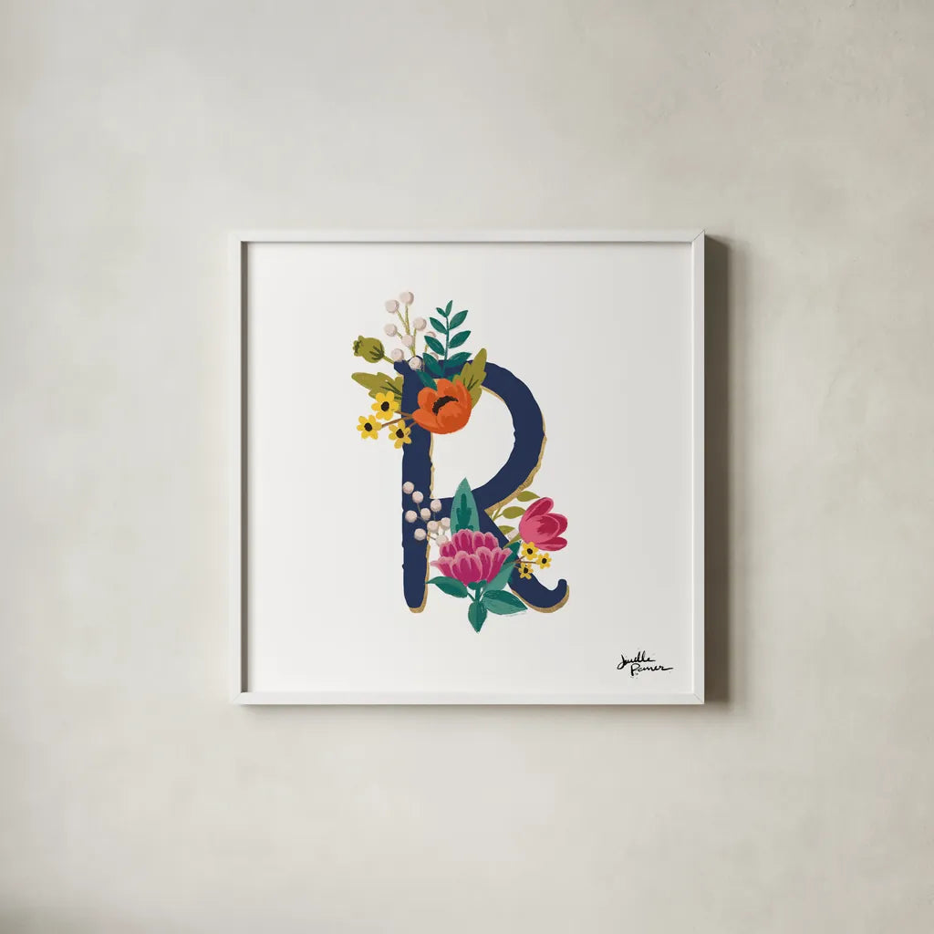 Romantic Luxe R Navy by Janelle Penner. Shown in a crisp white glass frame for a clean and minimalist style. Available as an archival giclee rolled canvas, fine art paper, or poster print. SKU 74240a.