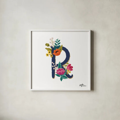 Romantic Luxe R Navy by Janelle Penner. Shown in a crisp white glass frame for a clean and minimalist style. Available as an archival giclee rolled canvas, fine art paper, or poster print. SKU 74240a.