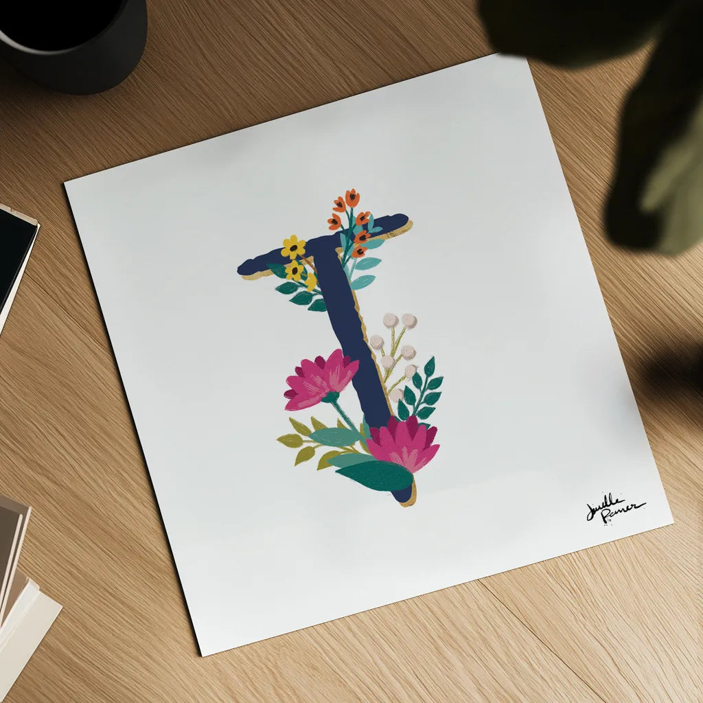 Romantic Luxe T Navy by Janelle Penner. Shown as a detailed flat fine art print, highlighting archival giclee quality. Available as an archival giclee rolled canvas, fine art paper, or poster print. SKU 74241a.