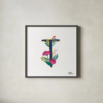 Romantic Luxe T Navy by Janelle Penner. Shown in a sleek black glass frame for a contemporary gallery look. Available as an archival giclee rolled canvas, fine art paper, or poster print. SKU 74241a.