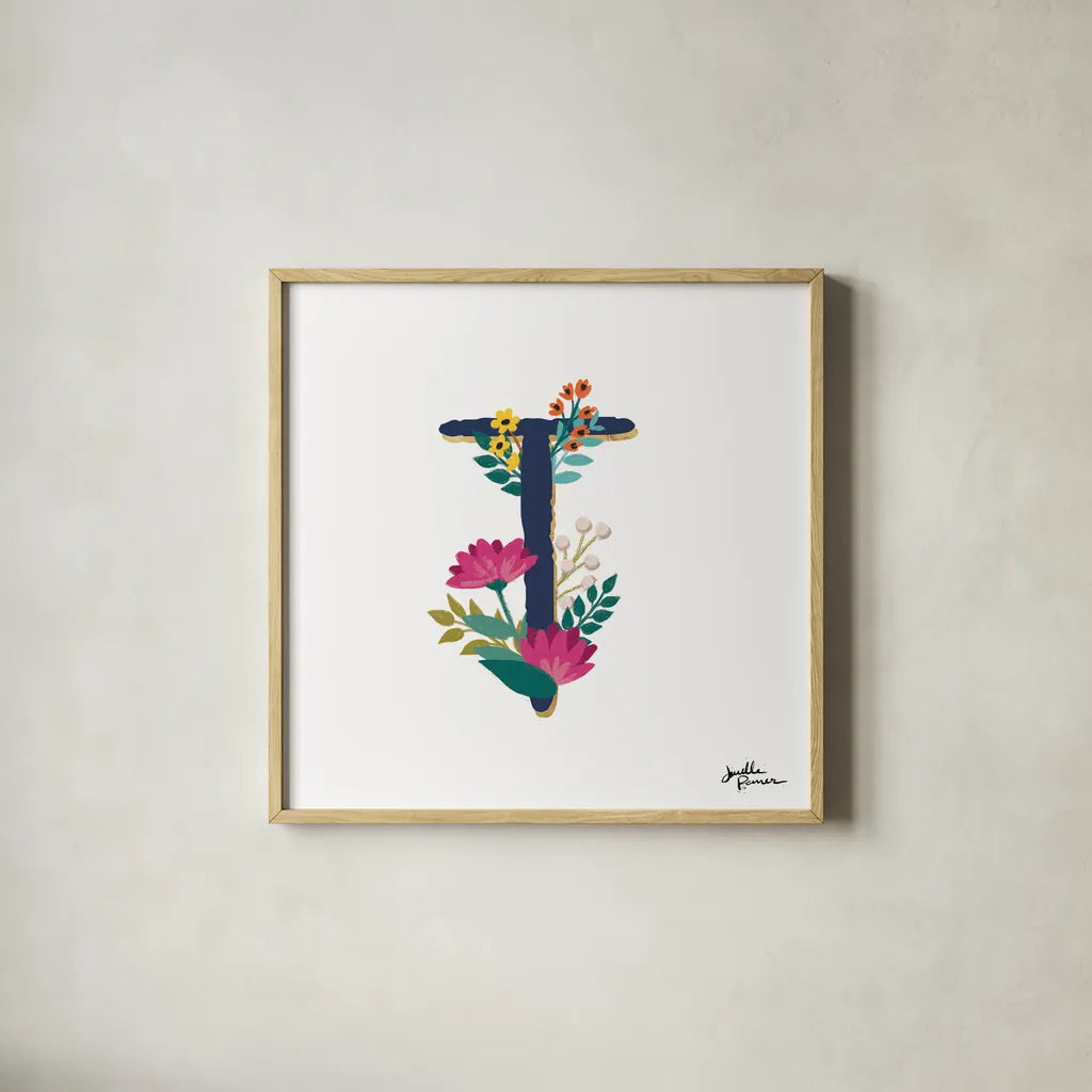 Romantic Luxe T Navy by Janelle Penner. Shown in a natural wood glass frame for a timeless modern aesthetic. Available as an archival giclee rolled canvas, fine art paper, or poster print. SKU 74241a.