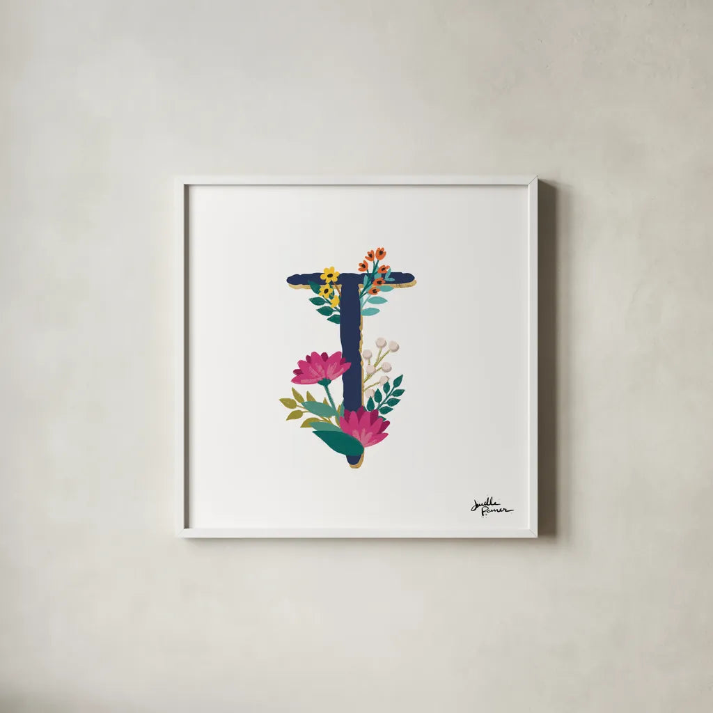 Romantic Luxe T Navy by Janelle Penner. Shown in a crisp white glass frame for a clean and minimalist style. Available as an archival giclee rolled canvas, fine art paper, or poster print. SKU 74241a.