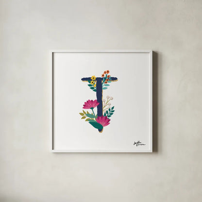 Romantic Luxe T Navy by Janelle Penner. Shown in a crisp white glass frame for a clean and minimalist style. Available as an archival giclee rolled canvas, fine art paper, or poster print. SKU 74241a.