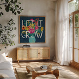 Romantic Luxe V by Janelle Penner. Shown in a natural wood frame in a cozy modern living room. Available as an archival giclee rolled canvas, fine art paper, or poster print. SKU 37880a.