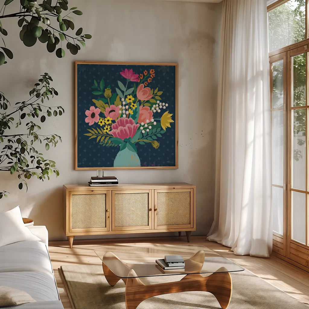 Romantic Luxe VI Pastel by Janelle Penner. Shown in a natural wood frame in a cozy modern living room. Available as an archival giclee rolled canvas, fine art paper, or poster print. SKU 37897a.