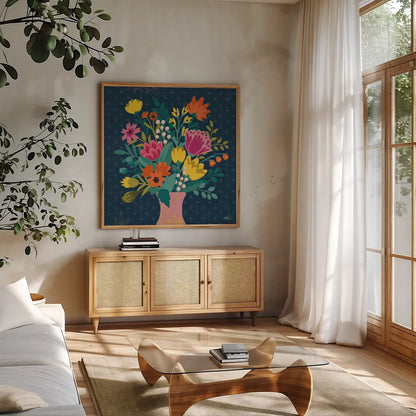Romantic Luxe VII by Janelle Penner. Shown in a natural wood frame in a cozy modern living room. Available as an archival giclee rolled canvas, fine art paper, or poster print. SKU 37882a.
