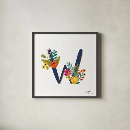 Romantic Luxe W Navy by Janelle Penner. Shown in a sleek black glass frame for a contemporary gallery look. Available as an archival giclee rolled canvas, fine art paper, or poster print. SKU 74242a.