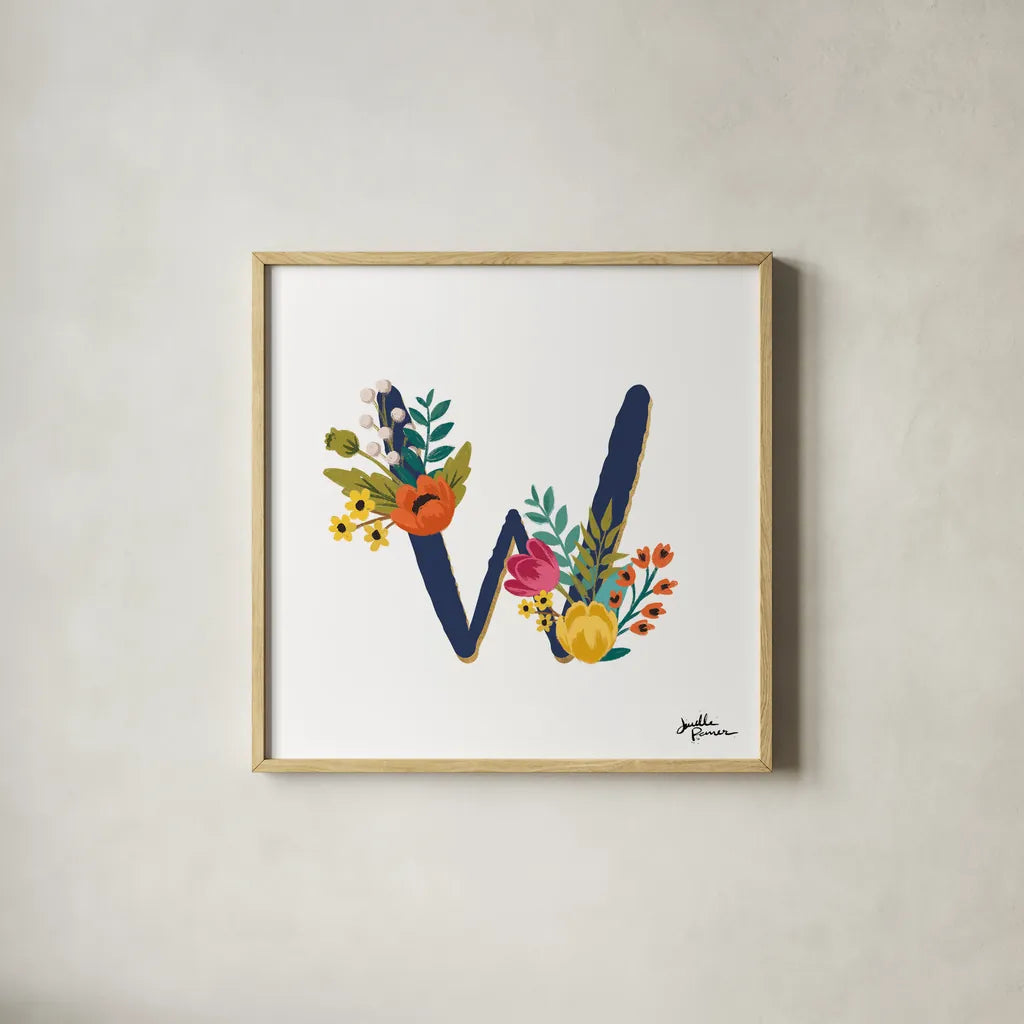 Romantic Luxe W Navy by Janelle Penner. Shown in a natural wood glass frame for a timeless modern aesthetic. Available as an archival giclee rolled canvas, fine art paper, or poster print. SKU 74242a.