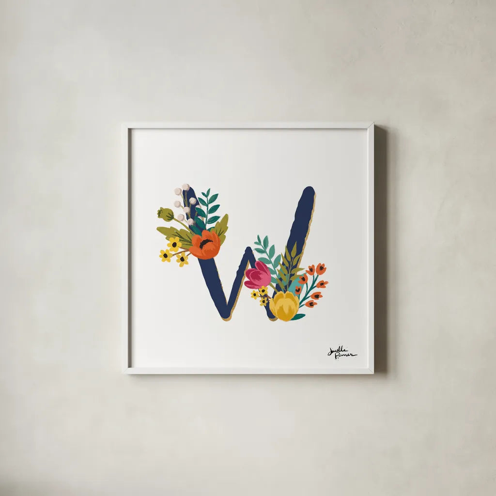 Romantic Luxe W Navy by Janelle Penner. Shown in a crisp white glass frame for a clean and minimalist style. Available as an archival giclee rolled canvas, fine art paper, or poster print. SKU 74242a.