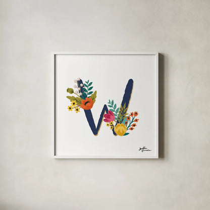 Romantic Luxe W Navy by Janelle Penner. Shown in a crisp white glass frame for a clean and minimalist style. Available as an archival giclee rolled canvas, fine art paper, or poster print. SKU 74242a.