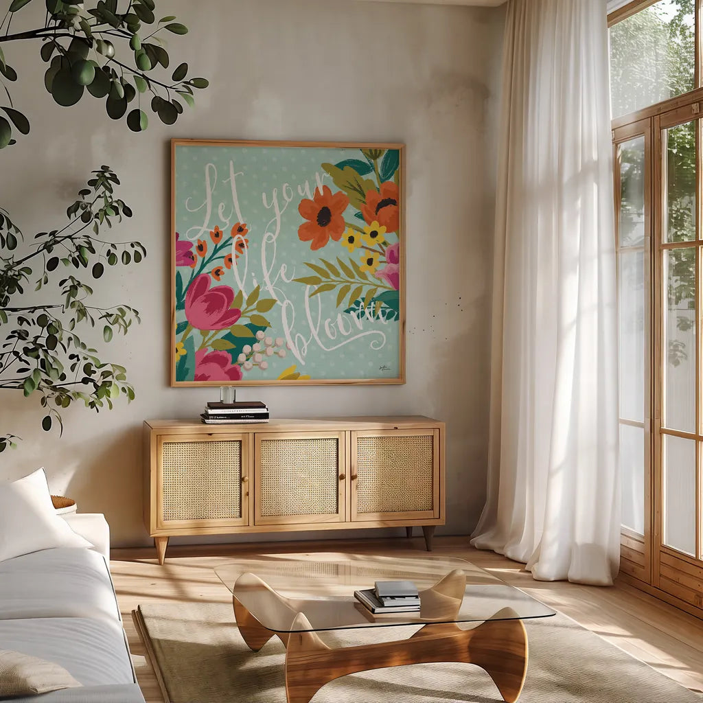 Romantic Luxe X by Janelle Penner. Shown in a natural wood frame in a cozy modern living room. Available as an archival giclee rolled canvas, fine art paper, or poster print. SKU 37885a.