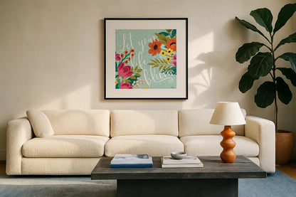 Romantic Luxe X by Janelle Penner. Displayed in a glass frame with matte in a clean modern living room. Available as an archival giclee rolled canvas, fine art paper, or poster print. SKU 37885a.