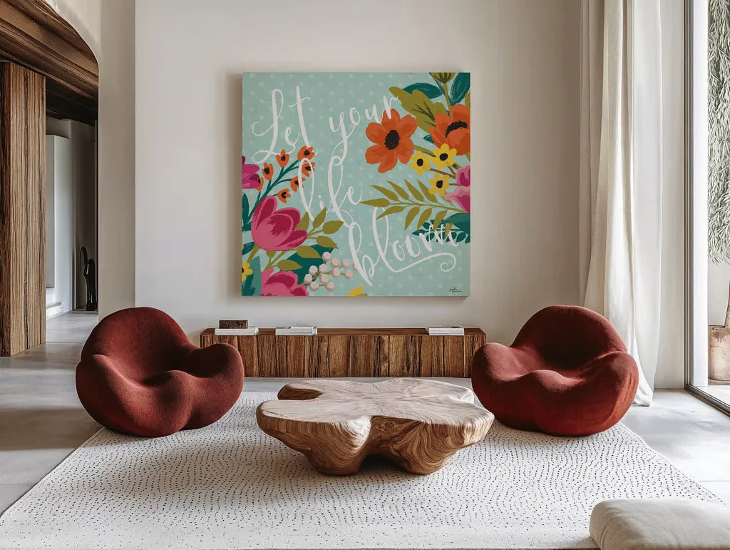 Romantic Luxe X by Janelle Penner. Shown as extra-large giant wall art in a modern living room. Available as an archival giclee rolled canvas, fine art paper, or poster print. SKU 37885a.