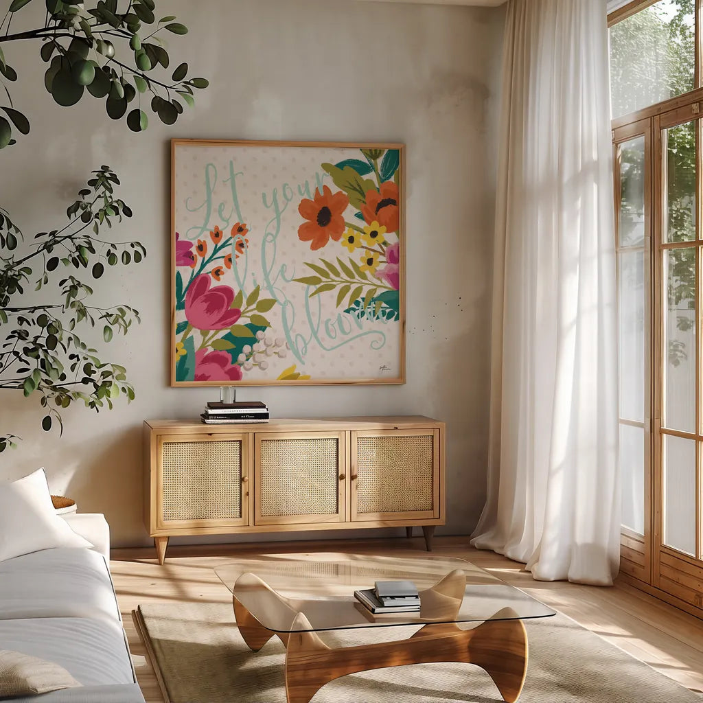 Romantic Luxe X Light by Janelle Penner. Shown in a natural wood frame in a cozy modern living room. Available as an archival giclee rolled canvas, fine art paper, or poster print. SKU 39336a.