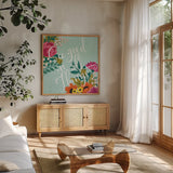 Romantic Luxe XI by Janelle Penner. Shown in a natural wood frame in a cozy modern living room. Available as an archival giclee rolled canvas, fine art paper, or poster print. SKU 37886a.