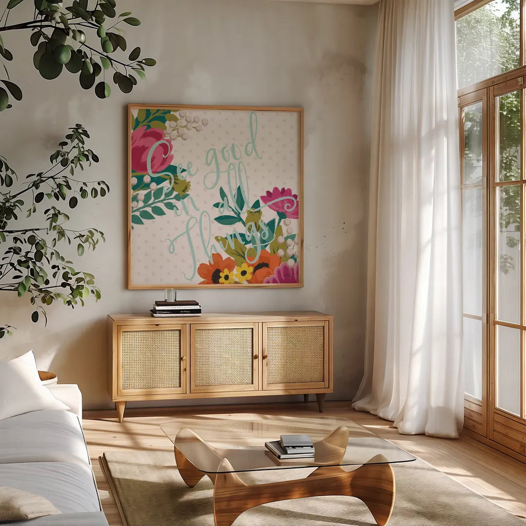 Romantic Luxe XI Light by Janelle Penner. Shown in a natural wood frame in a cozy modern living room. Available as an archival giclee rolled canvas, fine art paper, or poster print. SKU 39337a.