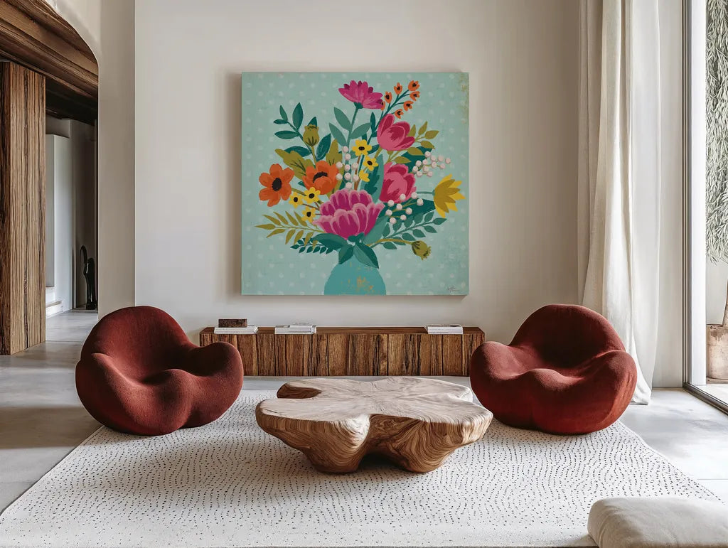 Romantic Luxe XIV by Janelle Penner. Shown as extra-large giant wall art in a modern living room. Available as an archival giclee rolled canvas, fine art paper, or poster print. SKU 37889a.