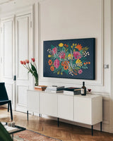 Romantic Luxe XVII by Janelle Penner. shown as a framed stretched canvas in a living room above a console. Available as a archival giclee rolled canvas, fine art paper, or poster print. SKU 37901i.