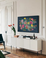 Romantic Luxe XVII Pastel by Janelle Penner. shown as a framed stretched canvas in a living room above a console. Available as a archival giclee rolled canvas, fine art paper, or poster print. SKU 37900i.