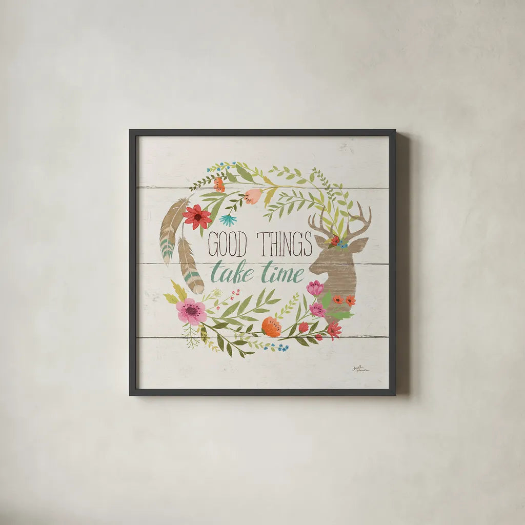 Rustic Bloom III by Janelle Penner. Shown in a sleek black glass frame for a contemporary gallery look. Available as an archival giclee rolled canvas, fine art paper, or poster print. SKU 31856a.