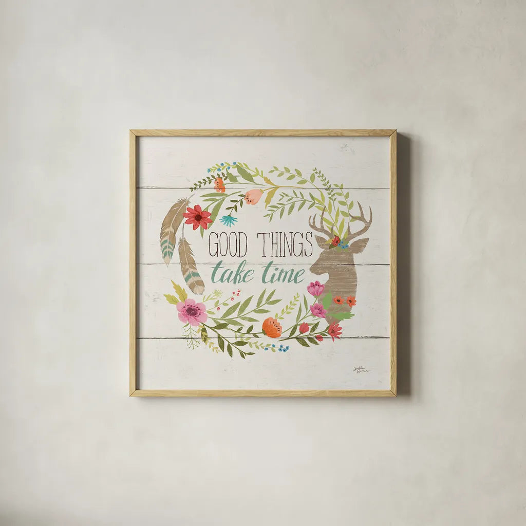 Rustic Bloom III by Janelle Penner. Shown in a natural wood glass frame for a timeless modern aesthetic. Available as an archival giclee rolled canvas, fine art paper, or poster print. SKU 31856a.