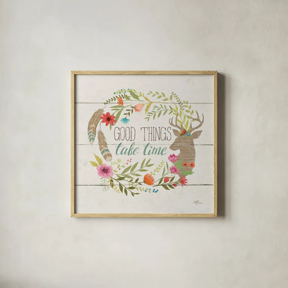 Rustic Bloom III by Janelle Penner. Shown in a natural wood glass frame for a timeless modern aesthetic. Available as an archival giclee rolled canvas, fine art paper, or poster print. SKU 31856a.