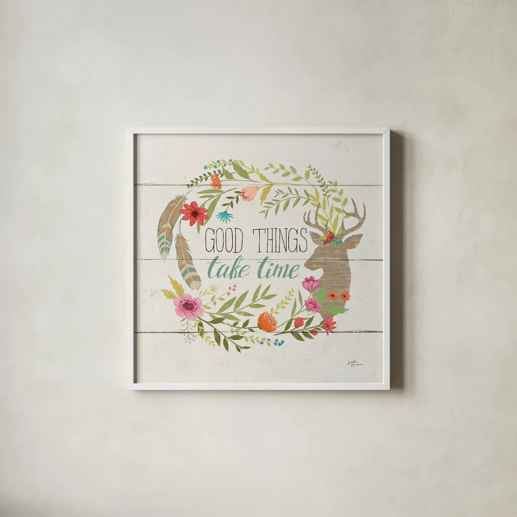 Rustic Bloom III by Janelle Penner. Shown in a crisp white glass frame for a clean and minimalist style. Available as an archival giclee rolled canvas, fine art paper, or poster print. SKU 31856a.