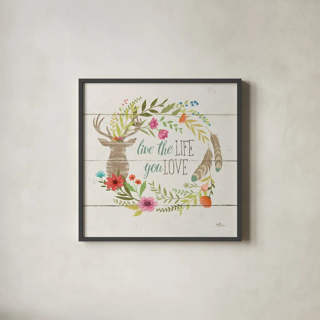 Rustic Bloom IV by Janelle Penner. Shown in a sleek black glass frame for a contemporary gallery look. Available as an archival giclee rolled canvas, fine art paper, or poster print. SKU 31857a.