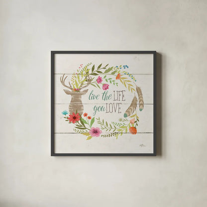 Rustic Bloom IV by Janelle Penner. Shown in a sleek black glass frame for a contemporary gallery look. Available as an archival giclee rolled canvas, fine art paper, or poster print. SKU 31857a.